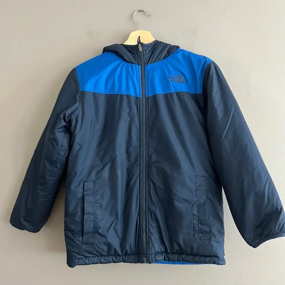 The North Face Boys Medium Reversible Puffer Fleece Jacket Navy Blue Hooded